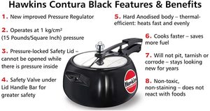 Hawkins Contura Hard Anodised Pressure Cooker's features.