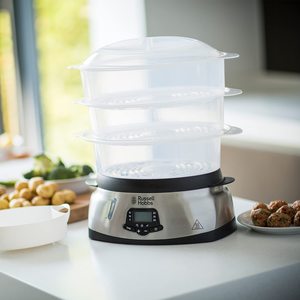 Russell Hobbs Maxicook 3 Tier Digital Steamer in a kitchen.