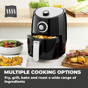Tower T17023 Compact Air Fryer next to fried food.